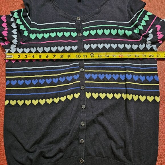 Talbots Heart Pattern Cardigan Sweater 1X Navy Multicolor 3/4 Sleeves Rainbow - Picture 7 of 9